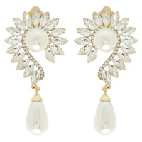 METALLIC FLORAL CRYSTAL PEARL CLIP ON EARRINGS